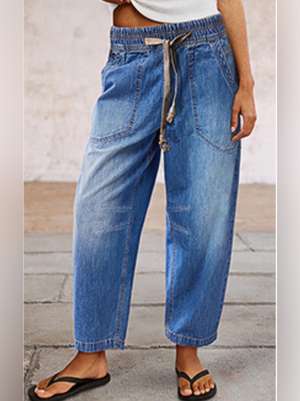 Flamingals Wash Drawstring Elastic Waist Barrel Crop Jeans
